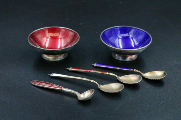 05 - 34.1_Pair of Danish Silver enamel salts and others_97590