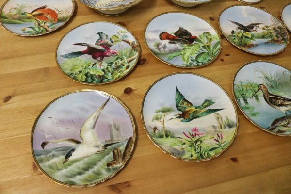 05 - 49.3_10 hand painted Victorian bird plates 3 cake stands_97605