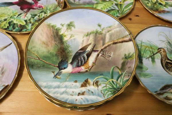 05 - 49.8_10 hand painted Victorian bird plates 3 cake stands_97605